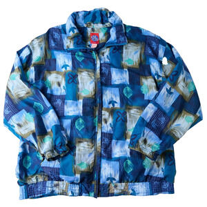 vtg Active Studio Windbreaker Jacket Women's 1X Blue Abstract Leaf Print 90s